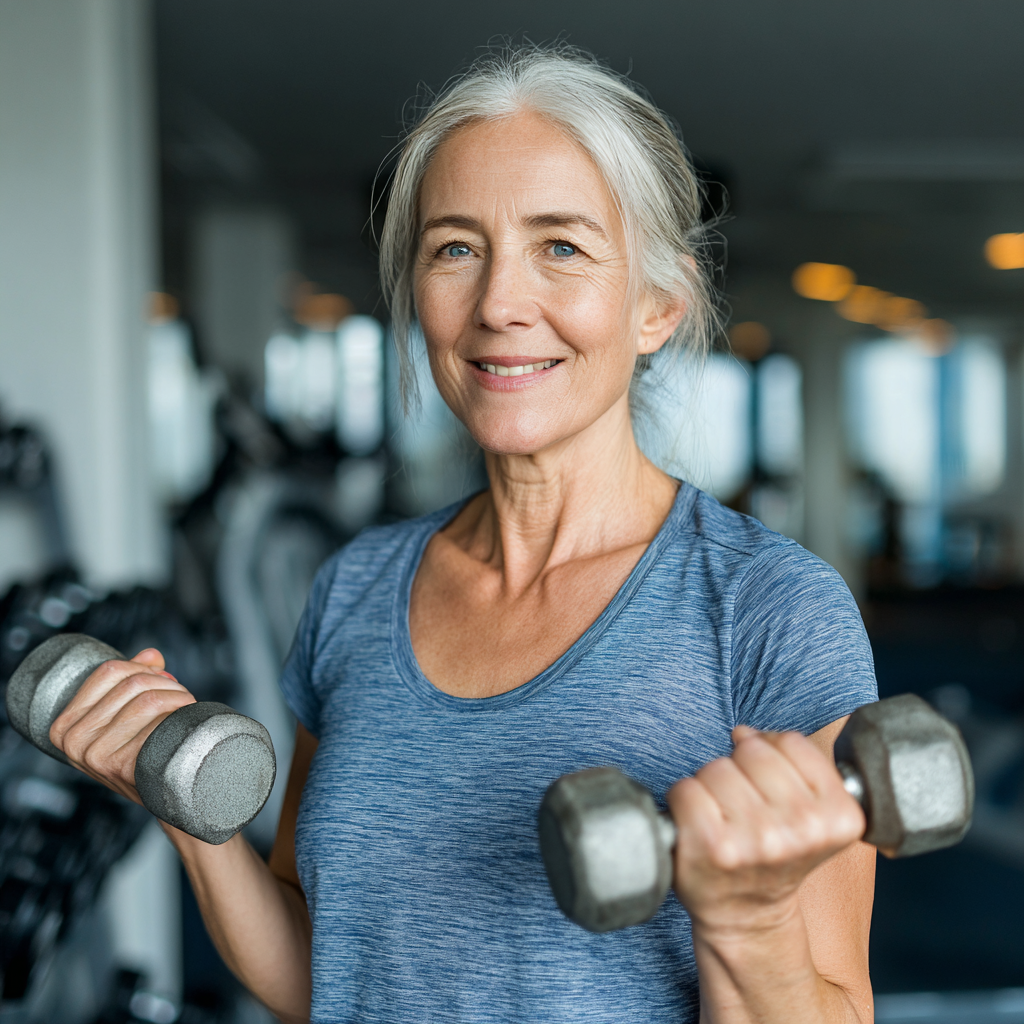Жінка 55 років виконує силові вправи з гантелями у фітнес-залі, посміхається та демонструє гарну фізичну форму