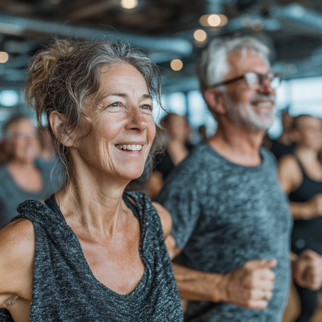 Група людей віком 50-60 років займається разом у світлому спортивному залі, всі посміхаються та виконують синхронні рухи