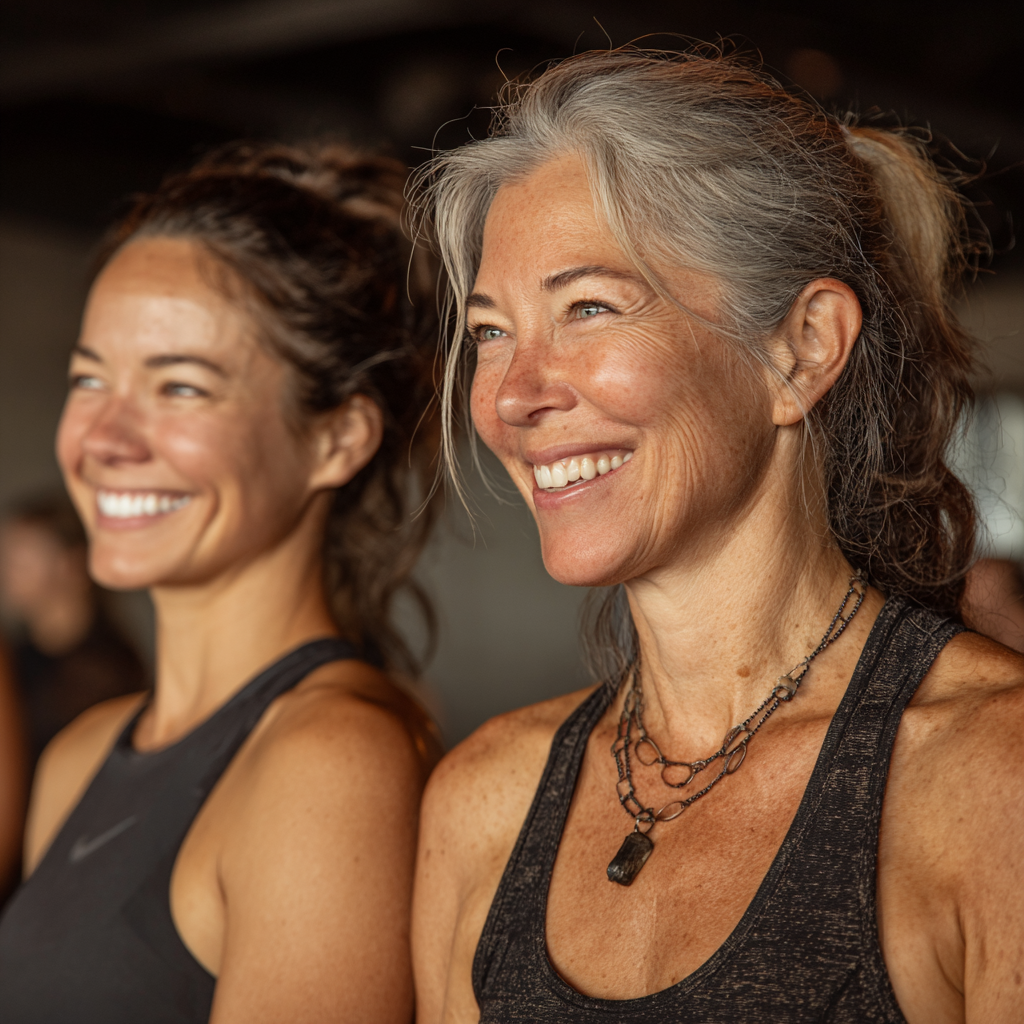 Тренер вітає нову учасницю у віці 55 років перед початком групового заняття, обидва посміхаються